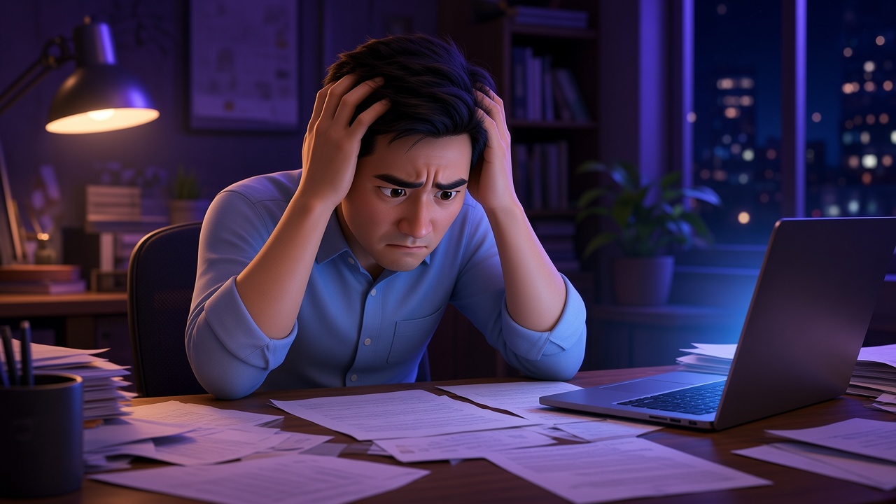 A lone figure at a desk late at night
